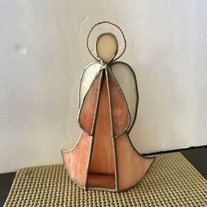 Vintage Hand Made Pink White‎ Stained Glass Angel Figurine Votive Holder